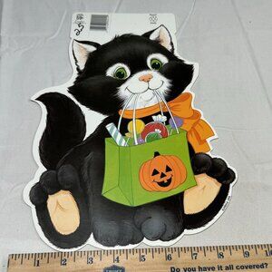 Vintage Halloween Eureka Black Cat with Trick or Treat Bag Die Cut New Old Stock